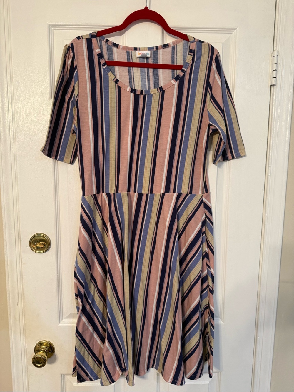 LuLaRoe Striped Scoop-Neck Dress in Pink, Blue & Yellow